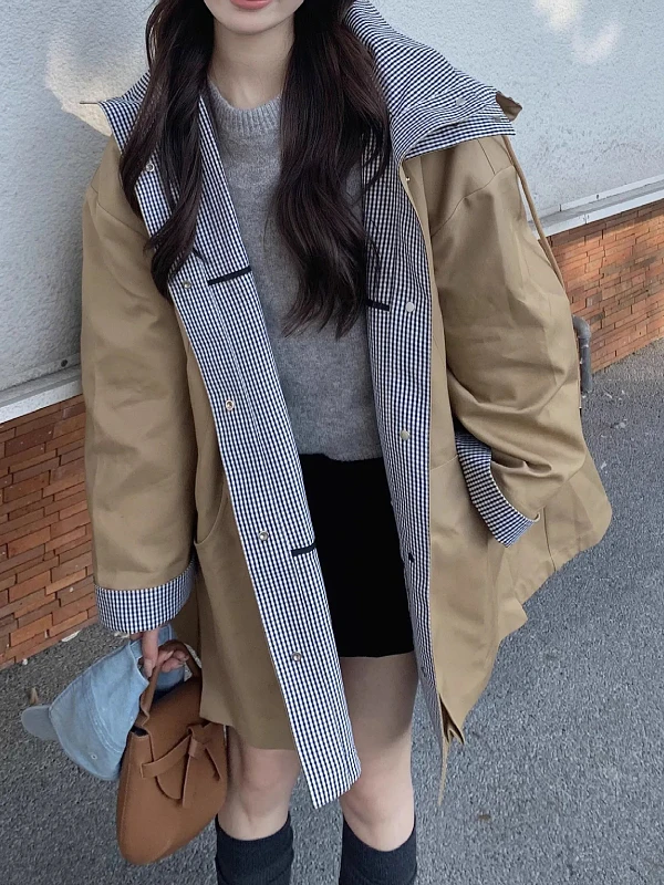 Korean Style Khaki Women's Double-Sided Plaid Coat Autumn New Large Size Fake Two-Piece Long Coat Commute Loose Fit Long Sleeve