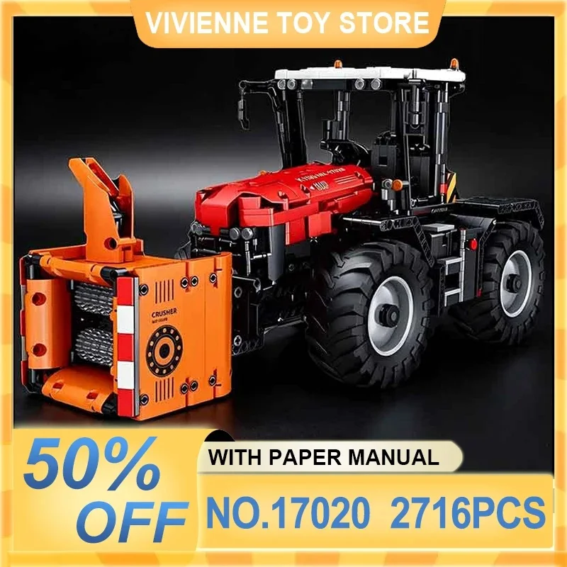 RC Hand Tractor Building Blocks Bricks, 4 Replaceable Farm Machinery Attachments, Technical Assembly Brick Set Mould King 17020