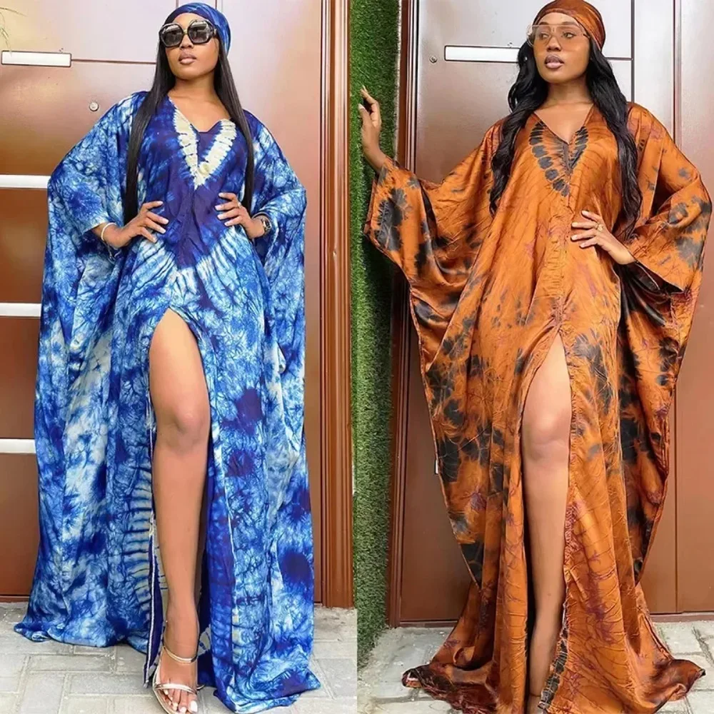 

European and American Women Clothing African Retro Long Robe Printed Large Hem with Headscarf Dress Middle Eastern Ethnic Style