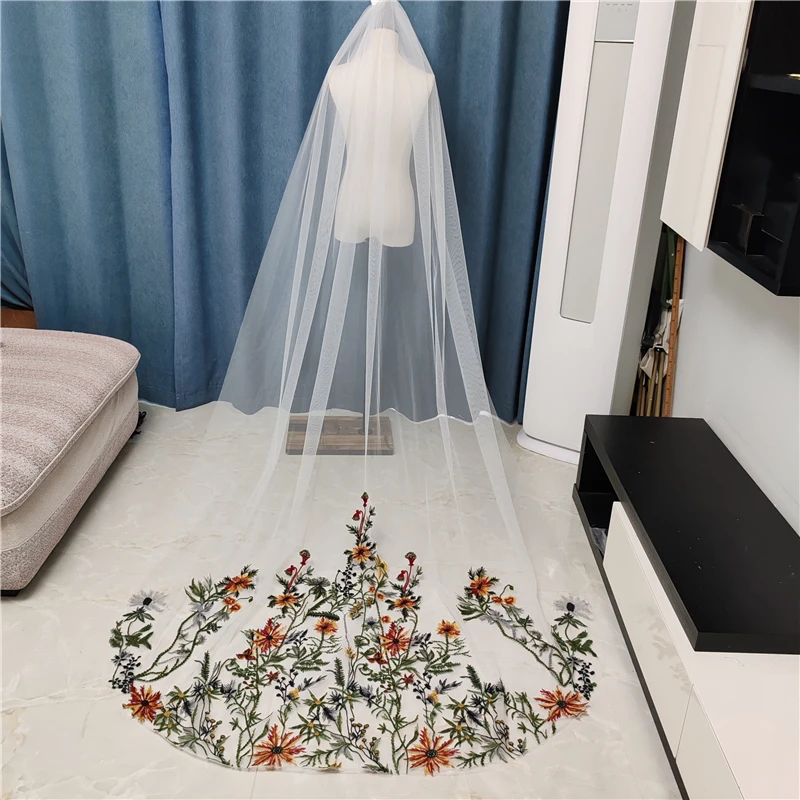 Colored Floral Wedding Bridal Veils Embroidered Lace White Ivory Tulle Cathedral Long Black Green Red Yellow Leaves Flowers