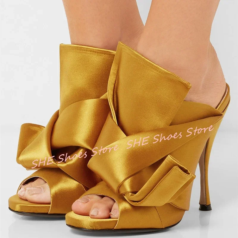 

Butterfly Knot Decor Peep Toe High Heel Women Mules Satin Pleated Fold Narrow Band Mules Ladies Slippers Summer Catwalk Sandals