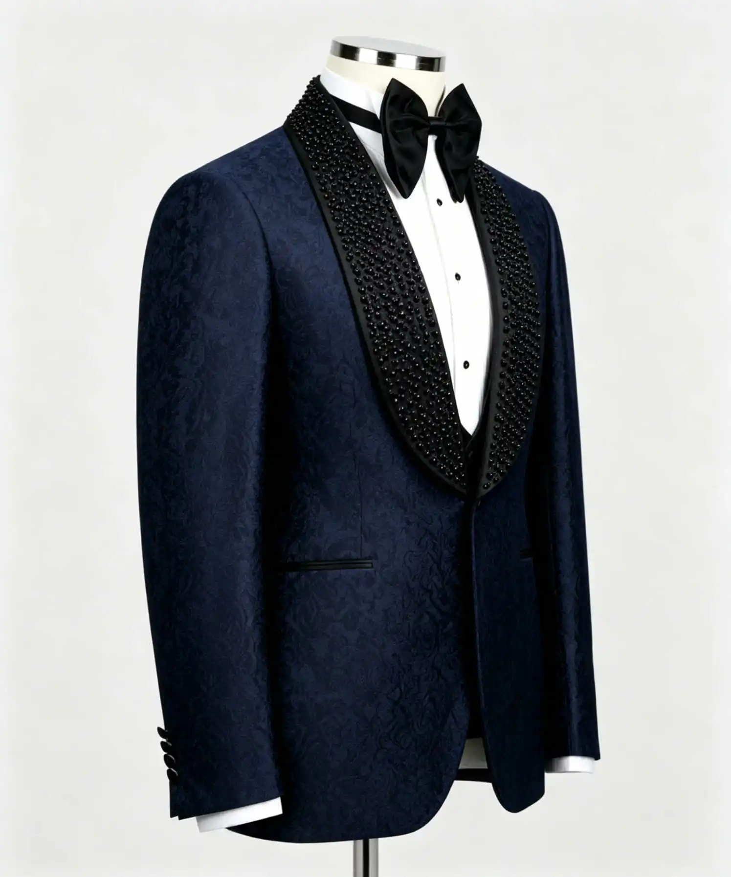 Luxury Jacquard Men Suits Shawl Lapel One Button Pant Sets Beaded Prom Male Party Blazers 2 Pieces Customized Groom Wear