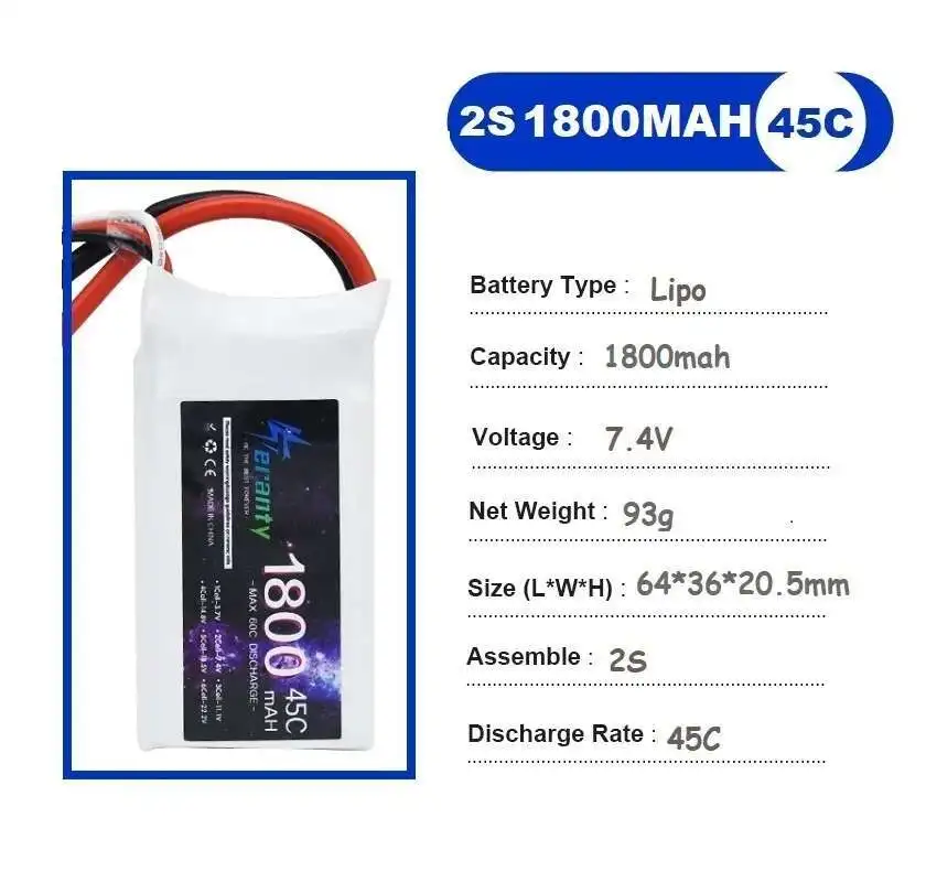 TERANTY 2S 3S 4S 6S Lipo Battery 1800MAH 45C 7.4V 11.1V 14.8V 22.2V Battery For RC Car Drone Quadcopter Boat 2PCS