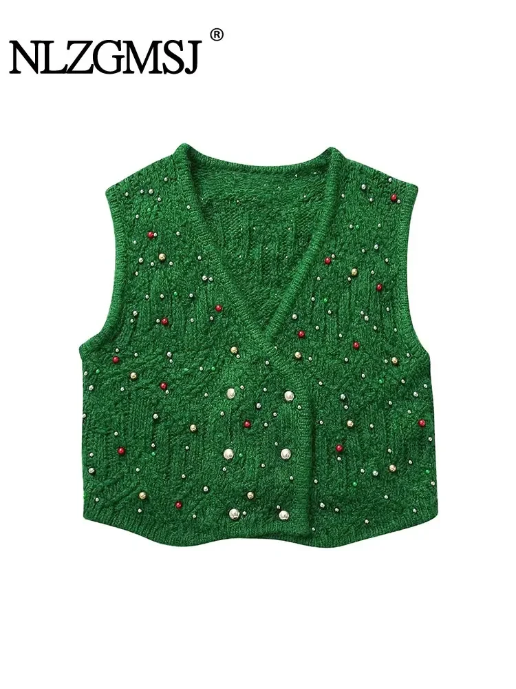 Nlzgmsj TRAF 2024 Women Autumn Winter Vest Artificial Pearl Embellished Sleeveless Short Vest Top Woman Pullover Tops