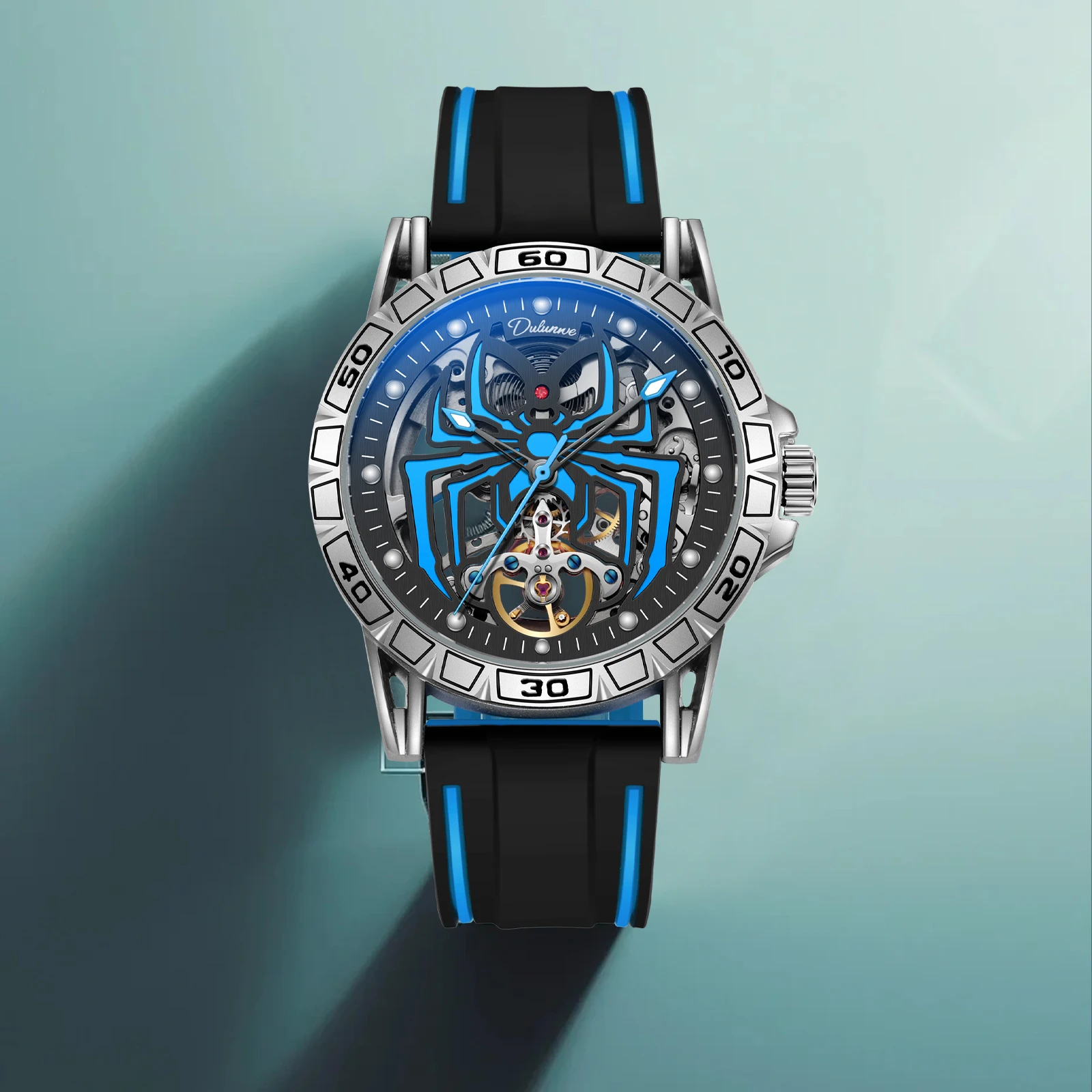 

Dulunwe мужские автоматические часы с полым маховиком, механический циферблат-паук, светящийся дизайн, 30 м, водонепроницаемые модные брендовые часы