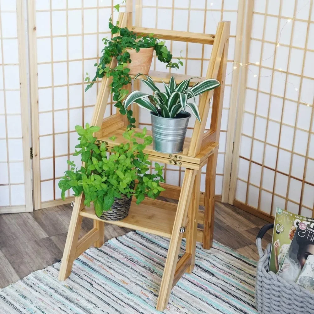 Folding ladder chair - Folding ladder stool rack - Library step bookshelf - Plant rack for storage and decoration