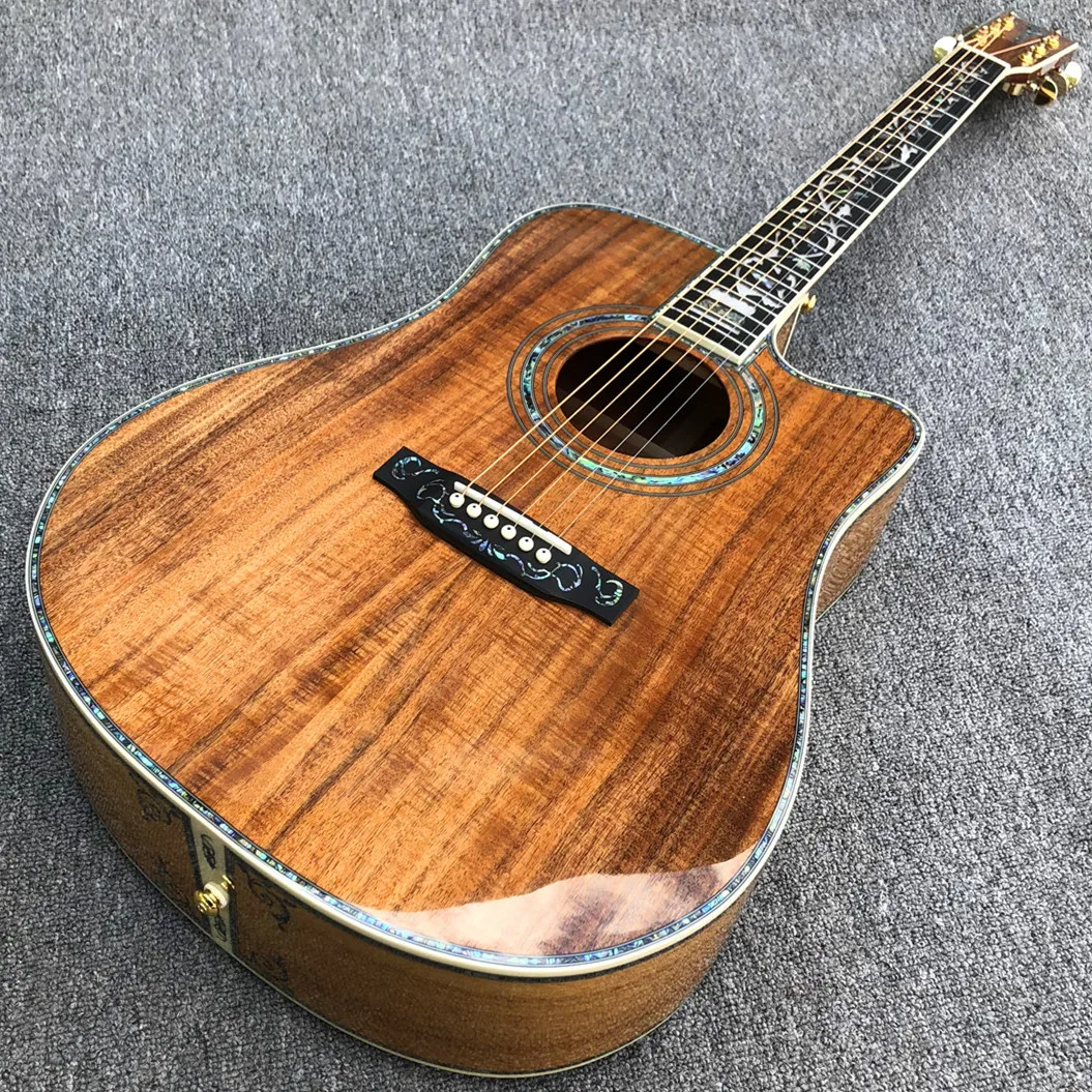 

Cutaway All Koa Wood Acoustic Guitar Abalone Ebony Fingerboard 41 Inches D Type Guitarra