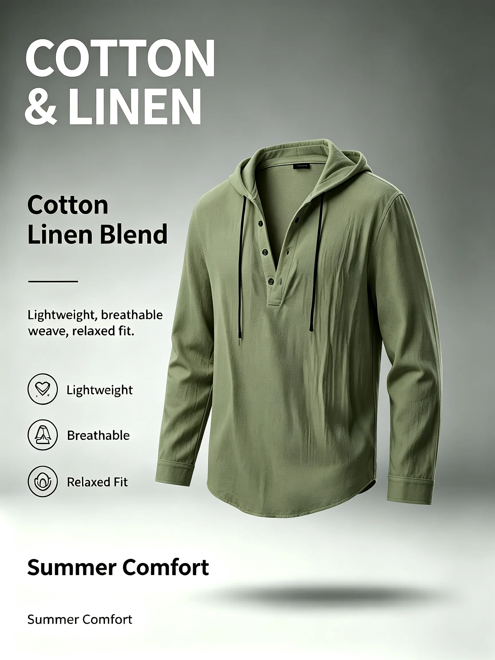 Men's Cotton Linen Blend Hooded Shirt Long Sleeve Henley Drawstring Hoodie Lightweight Breathable Casual Loose Tops