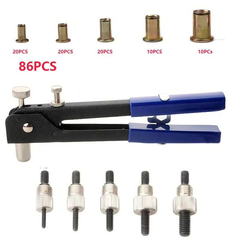 86-piece-boxed-manual-rivet-pliers-with-color-zinc-rivet-nuts-blue-and-white-zinc-rivet-nut-combination