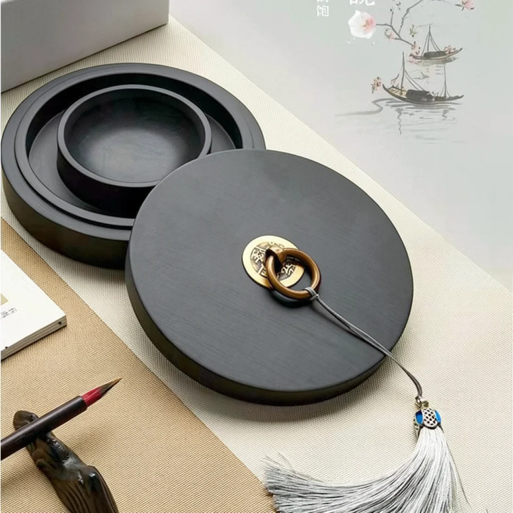 Traditional Inkstone With Moisture Preserving Lid Natural Texture Stone Chinese Calligraphy Art Professional Ink Basin