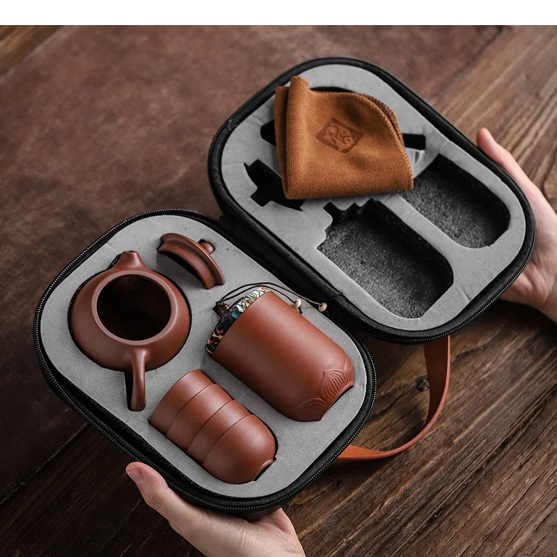 Purple Sand Tea Cups Ceramic Portable Teapot Set Outdoor Travel Gaiwan of Ceremony Teacup Fine Gift Kung Fu