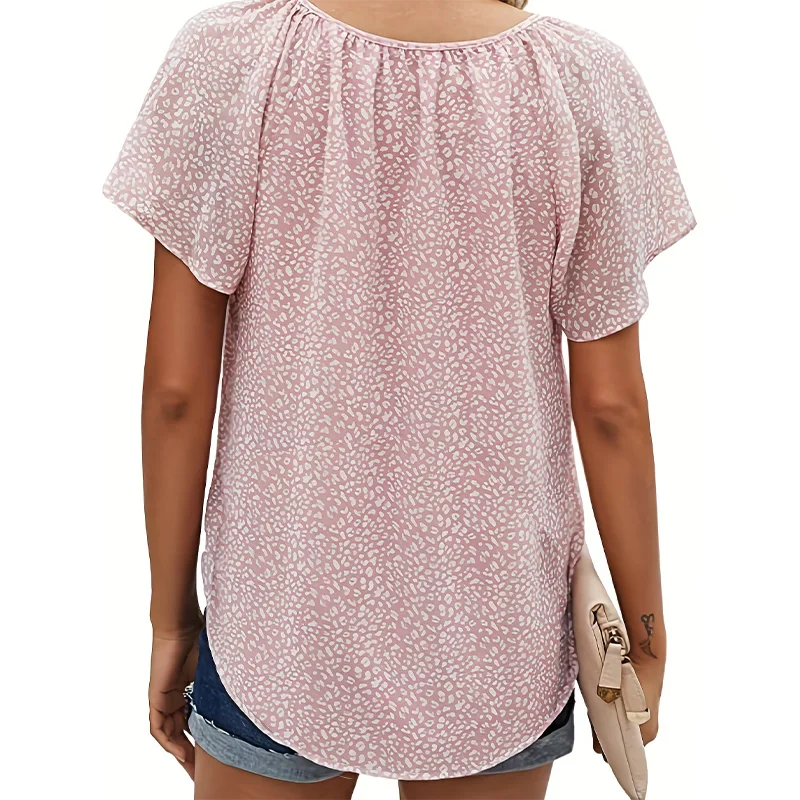 Plus-Size Floral Print V-Neck Ruffled Short-Sleeve Shirt Women's Drawstring Summer Casual Top for Everyday Wear