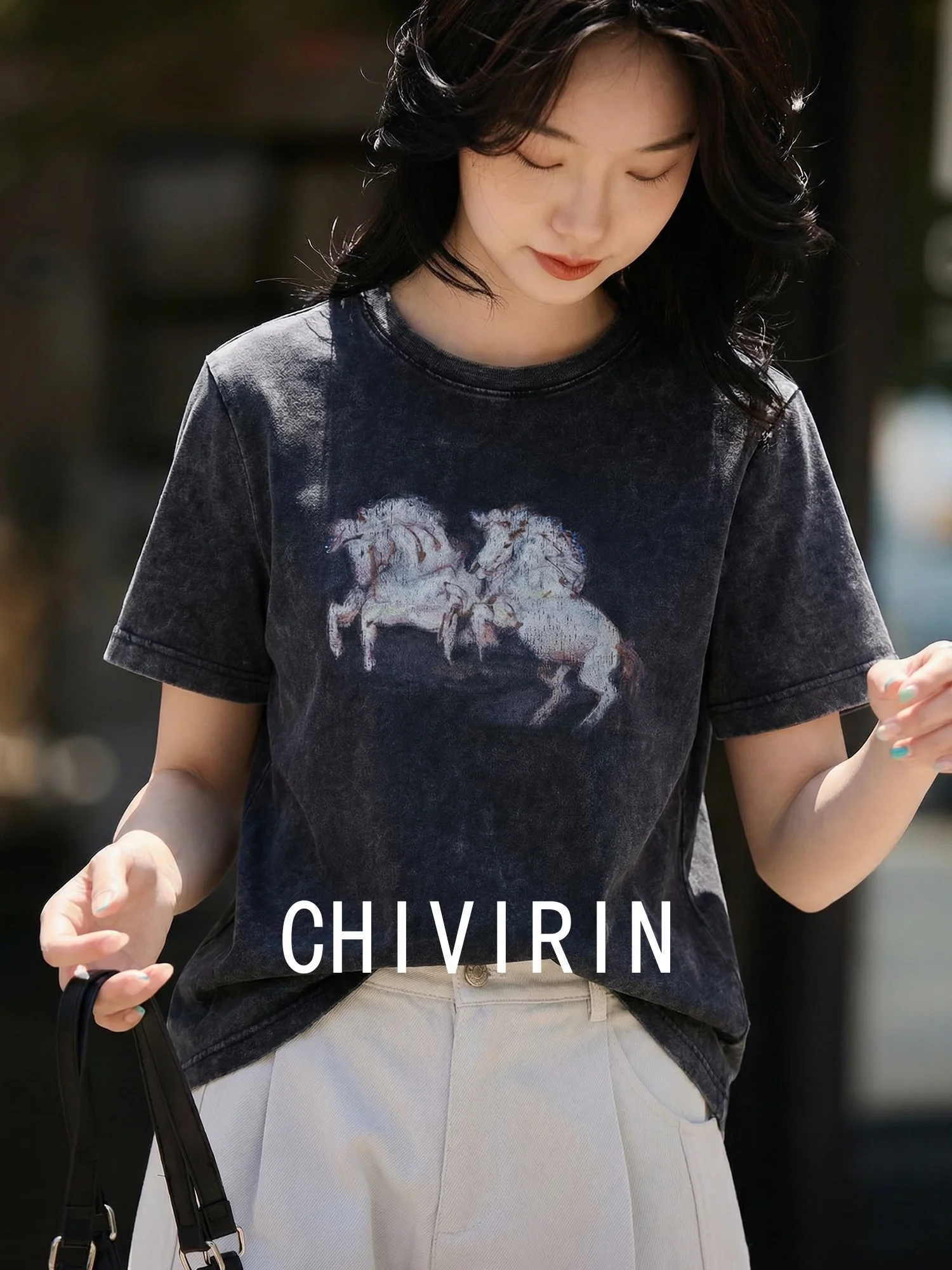 

Retro Street Sle Print ort Sve T-irt Women's Bla Vintage round Ne Top Breathable Cotton Casual Tee