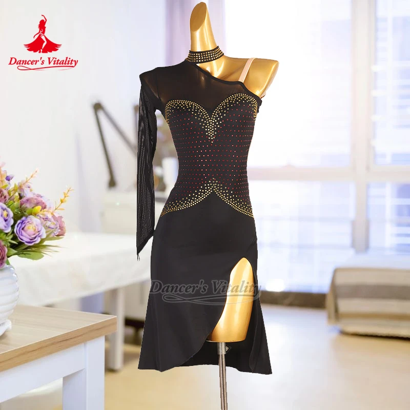 Dancer's Vitality Women Latin Dance Unilateral Long Sleeve Elegant Dresses Adult Chacha Samba Perform&Contest Clothes Customize