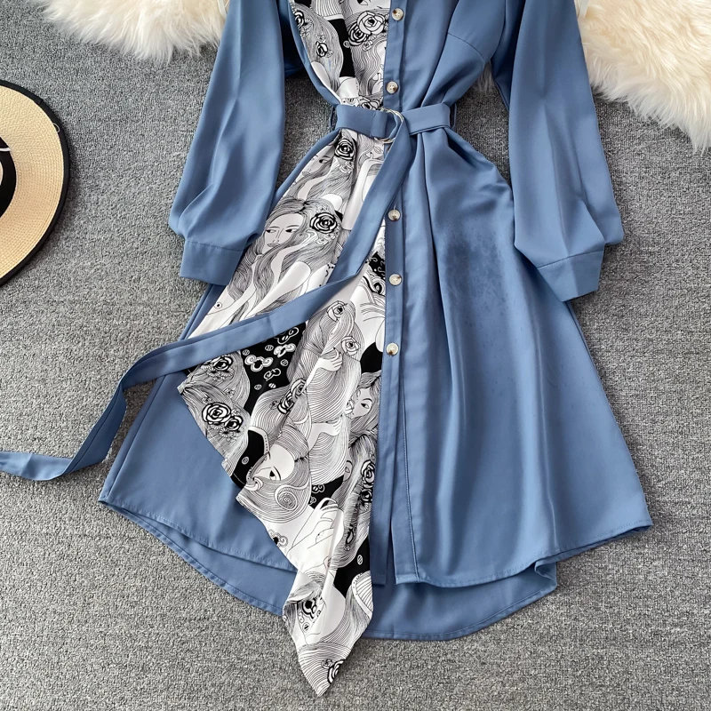 New Runway Design Spring Autumn New Irregular Cardigan Color Blocking Lapel Long Sleeve Shirt Dress