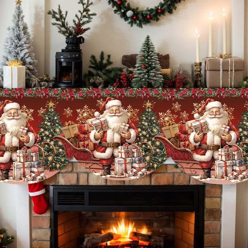 VIKAMA Fireplace Mantel Backdrop Santa Claus Sleigh Gift Boxes Xmas Tree Snowflakes Home Durable Christmas Decor