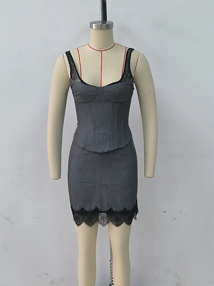 Graues Korsett Zweiteiler-Set Spitzen-Spaghettiträger-Top Figurbetonter Minirock mit Spitzenbesatz Trendiges Casual-Party-Outfit Neu – Detail 1