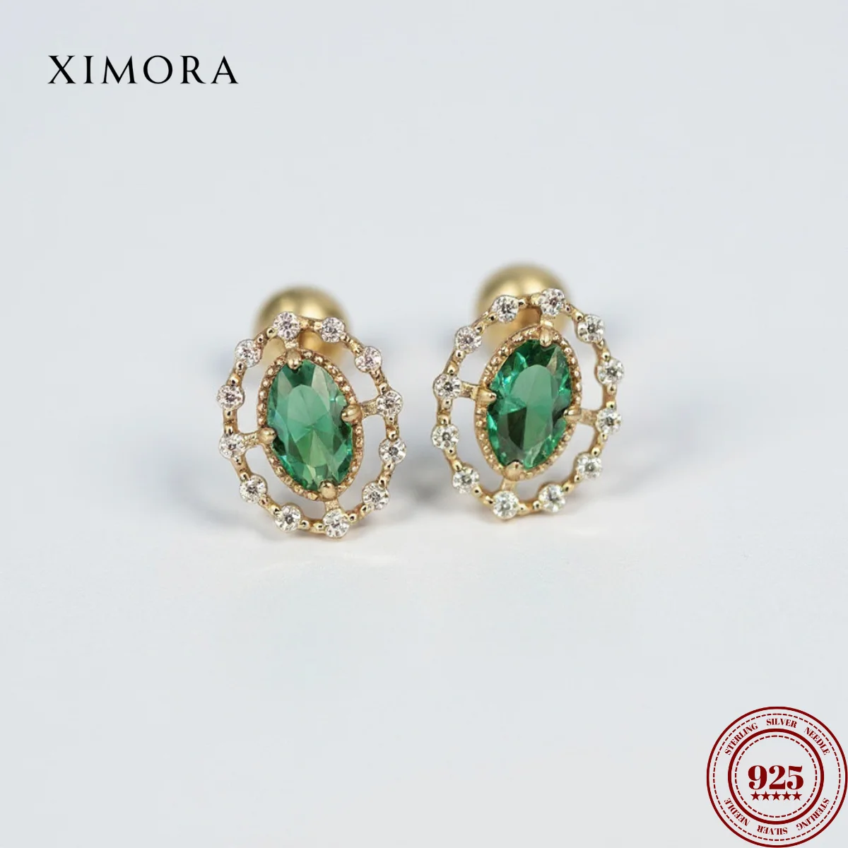 

XIMORA Sterling Silver S925 Earrings with Oval Emerald Zirconia in Vintage Court Style A Gift for Women boucles d'oreilles femme