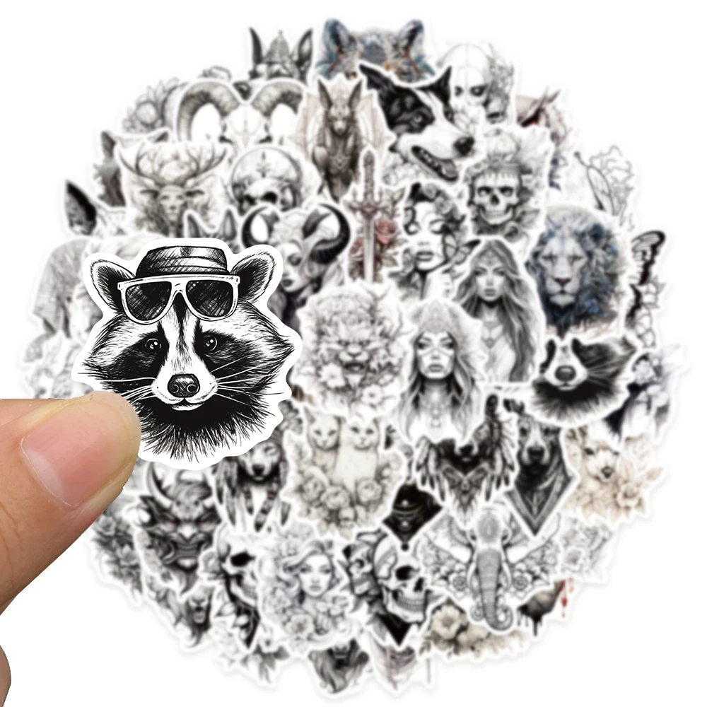 50pcs Black and White Cartoon Animals Aesthetic Stickers Waterproof Graffiti For Luggage Guitar Phone Vinyl Laptop Decals