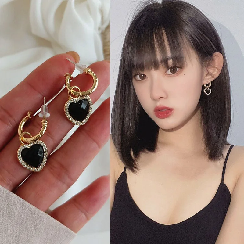 Black Heart Shiny Rhinestones Dangle Earrings for Women Elegant Temperament Versatile Ear Hook Party Jewelry Vintage Accessories image 4