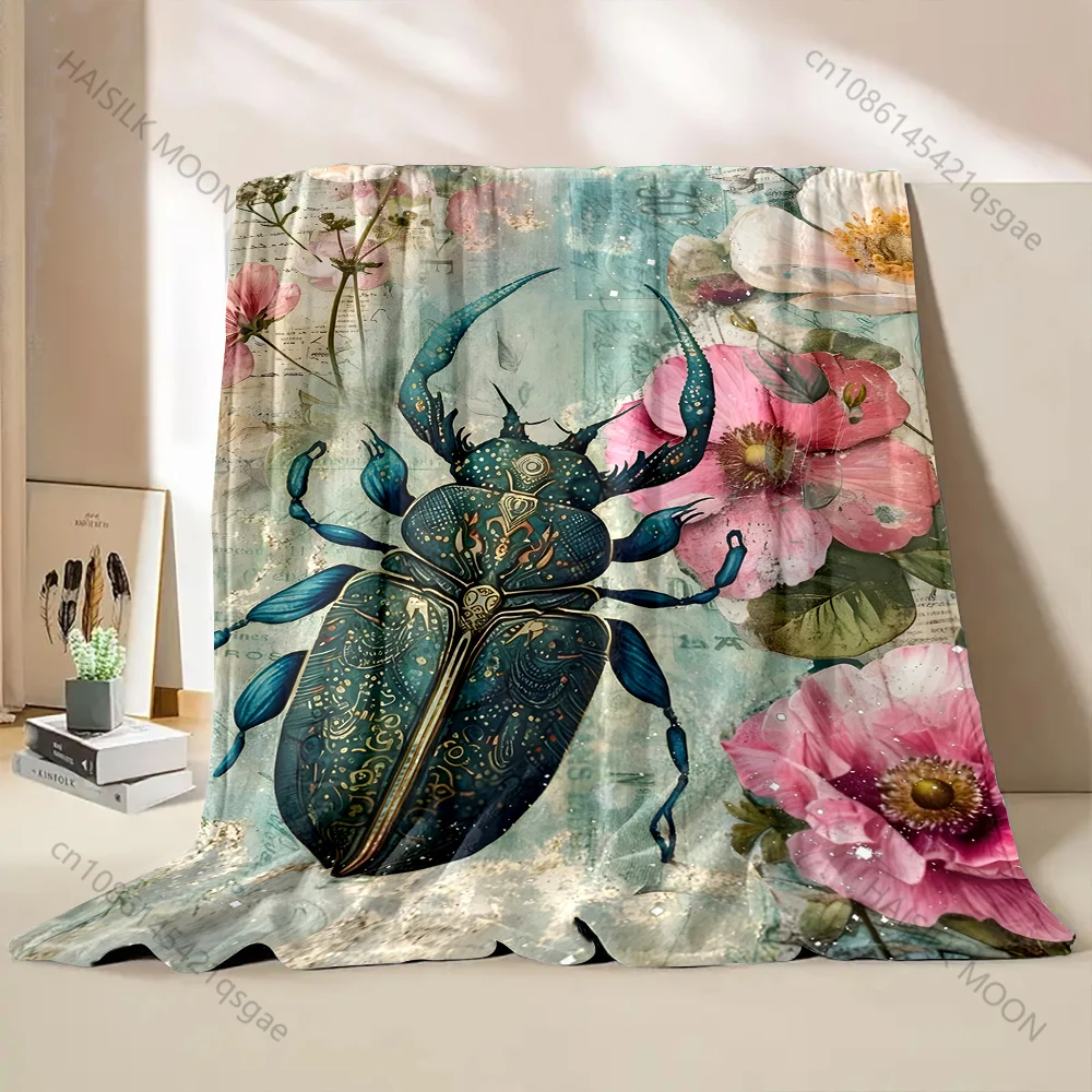 Multiple sizes Beetle with pink flowers Print Blanket Warm Soft for Children Adults Luxury Gifts Home Sofa Travel Camping