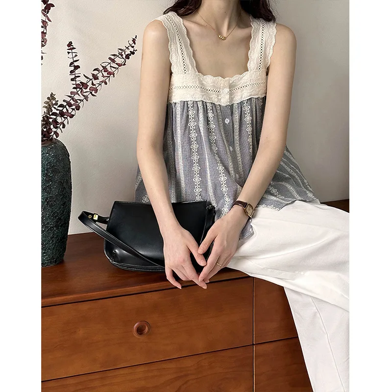 2024 Summer New Top Plaid Patched Lace Lace Edge Age Reducing Sleeveless Doll Shirt