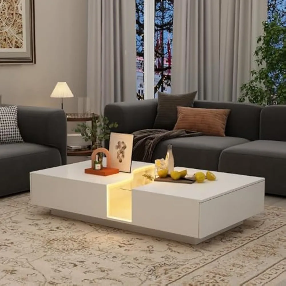 

Современный светодиодный журнальный столик с двумя ящиками, столешницей из закаленного стекла и пультом дистанционного управления, прямоугольный журнальный столик для гостиной и Re