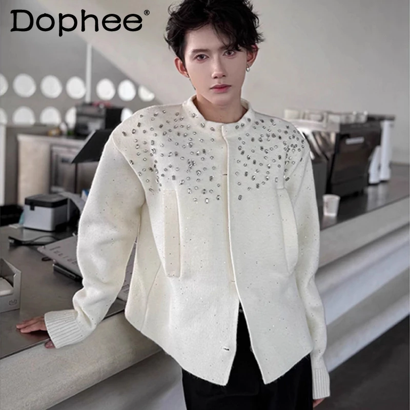 

Trendy Fine Sparkling Rhinestone Cardigan Sweaters Men 2025 Autumn New Stylish Tops High-end Solid Color Knitted Sweater Jackets