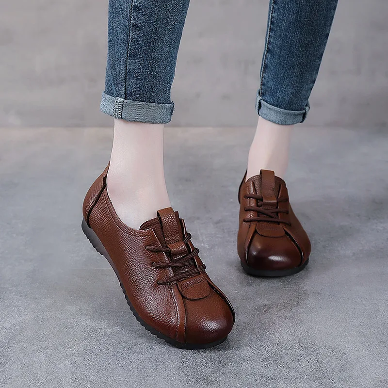 

Genuine Leather Single Toe Layer Cow Leather Flat Bottom Spring Autumn Women's Leather Shoes Flat Heel Casual Mom's Shoes
