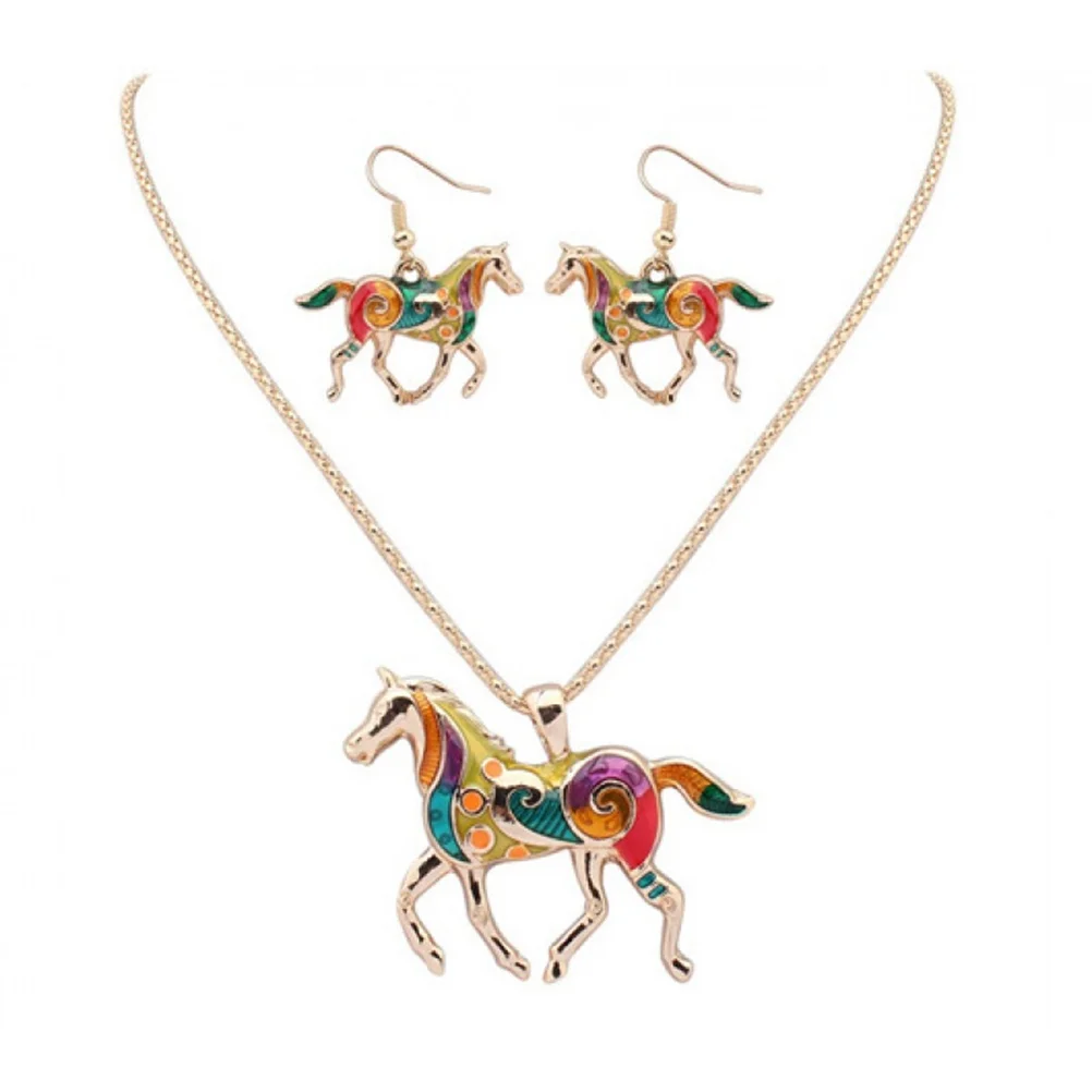 

Colorful Horse Pendant Necklace Neck Chain with Dangling Earrings Set for Jewelry Decoration (Gold)