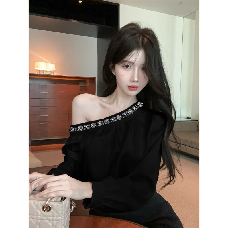 

Сверхмощная женская осенняя рубашка с длинными рукавами, инкрустированная бриллиантами, высококачественный свободный атласный темпераментный топ