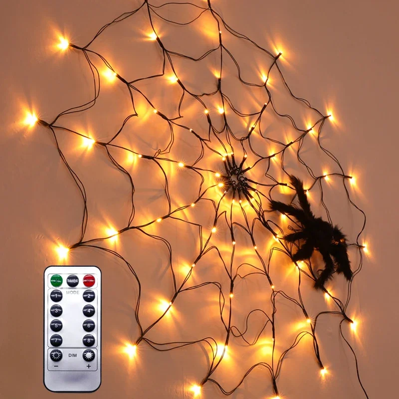 LED Spider Web String Light with Hairy Spider Remote Control 8 Modes Multicolor Net Mesh Atmosphere Lamp Party Halloween Decor