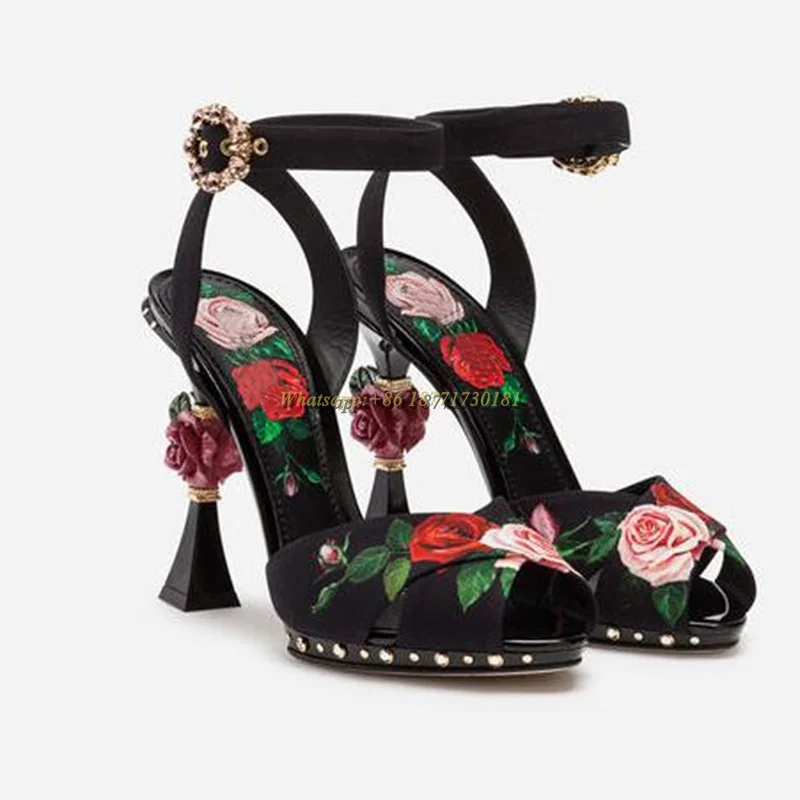 Rose Flower Carved Heel Cross Strap Sandals 2025 Summer Women's New In Open-Toe Retro Hollow Buckle High-Heeled Shoes