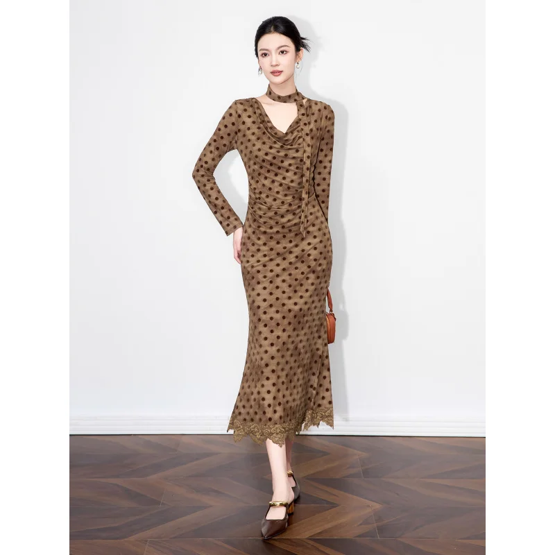 

New Spring And Autumn Polka Bodycon Long Dress With Draped Collar, Mesh Fishtail Skirt, Neck Scarf, Lace Pleated De