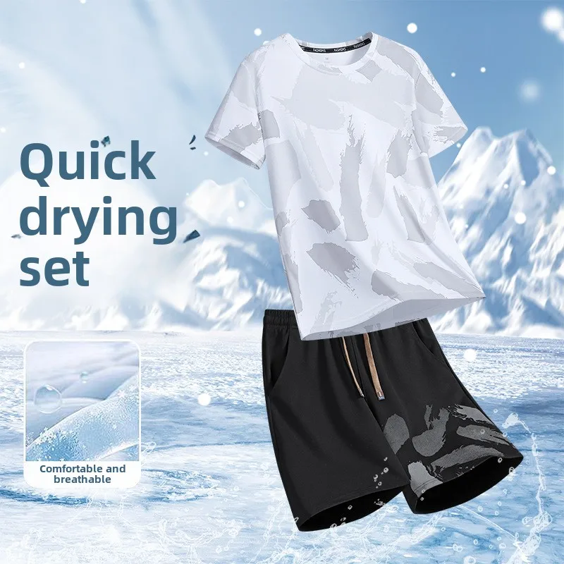 

Fashion Men's T-Shirt +Shorts Two Piece Suit Summer Quick Dry Breathable Fitness Short Sleeve Sets Outdoor Tennis Sports Outfit