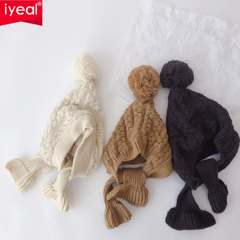 IYEAL Winter Girls Boys Thick Warm Windproof Ear Protection Hat Beanies Handmade Cotton Knitted Hat Baby Fur Ball Hat