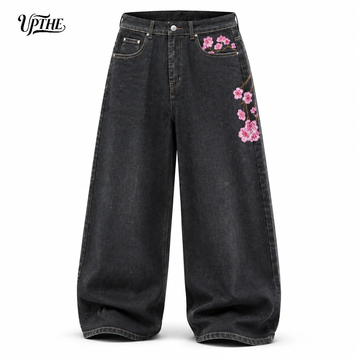 UPTHE Men's Baggy Wide Leg Jeans, Cherry Blossom Embroidery Denim Pants, Vintage Black Loose Fit Streetwear Y2K Hip Hop Jeans with Floral Embroidery