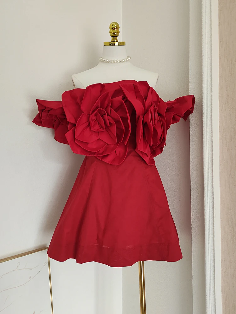 

New Trendy Summer Elegant Party Birthday Mini Dress Women Sexy Off Shoulder Flower Evening Prom Festival Dresses Vestido