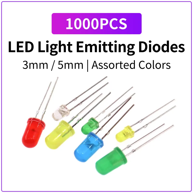 1000PCS 3mm 5mm DIP LED Light Emitting Diodes White Red Yellow Blue Green Purple Warm White