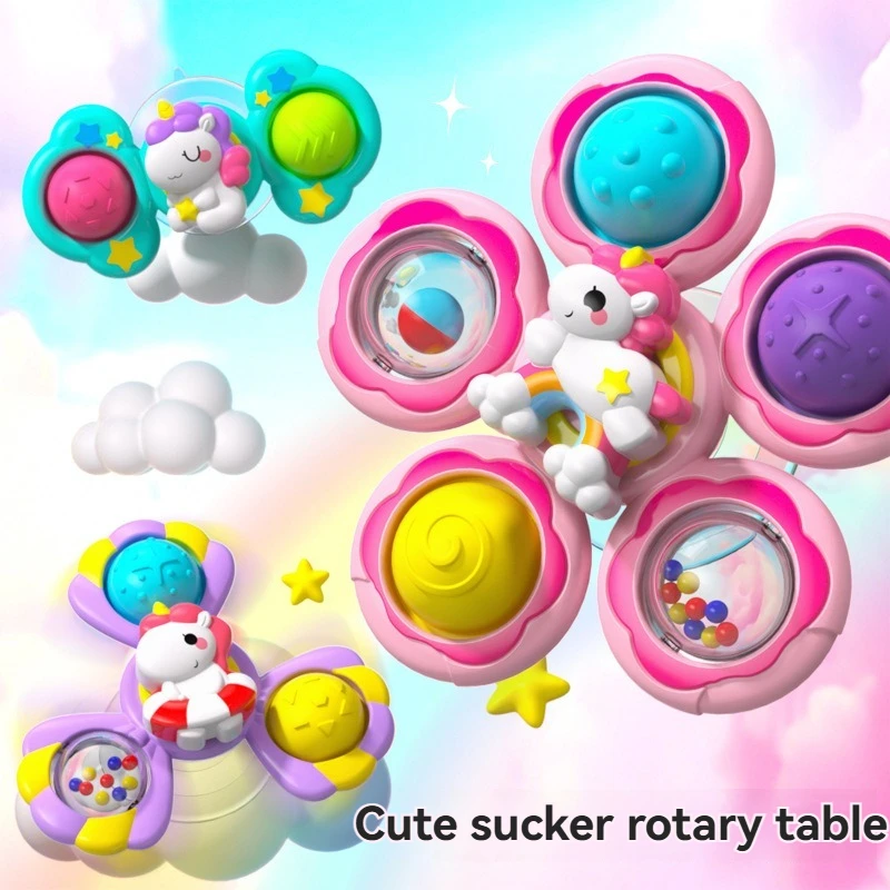 Baby Suction Cup Spinning Fun Unicorn Dining Table Press Top Teething Ring, Bathroom Bath Spinning Fun Toy
