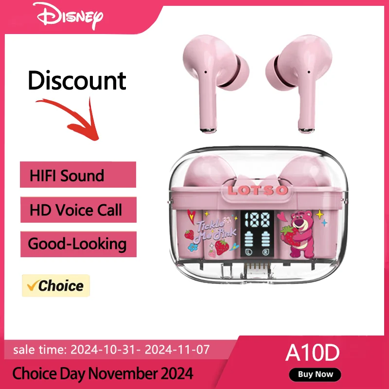 Original Disney A10D True Wireless Earphones Bluetooth 5.3 HD Call Headsets HIFI Sound Music Earbuds Transparent Shell 2024 New