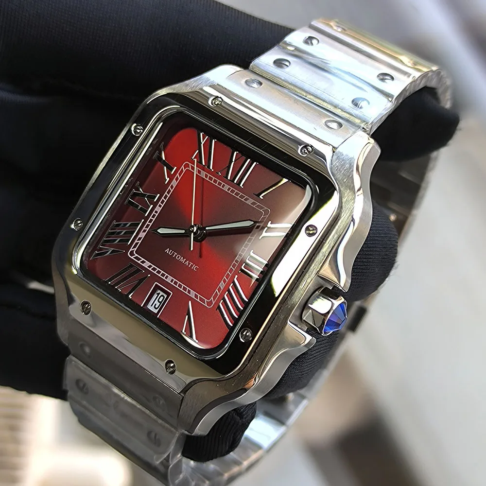 Nuovo orologio da uomo NH35 quadrante rosso vino quadrante quadrato romano orologio da uomo in acciaio inossidabile 38MM orologio Santos movimento NH35