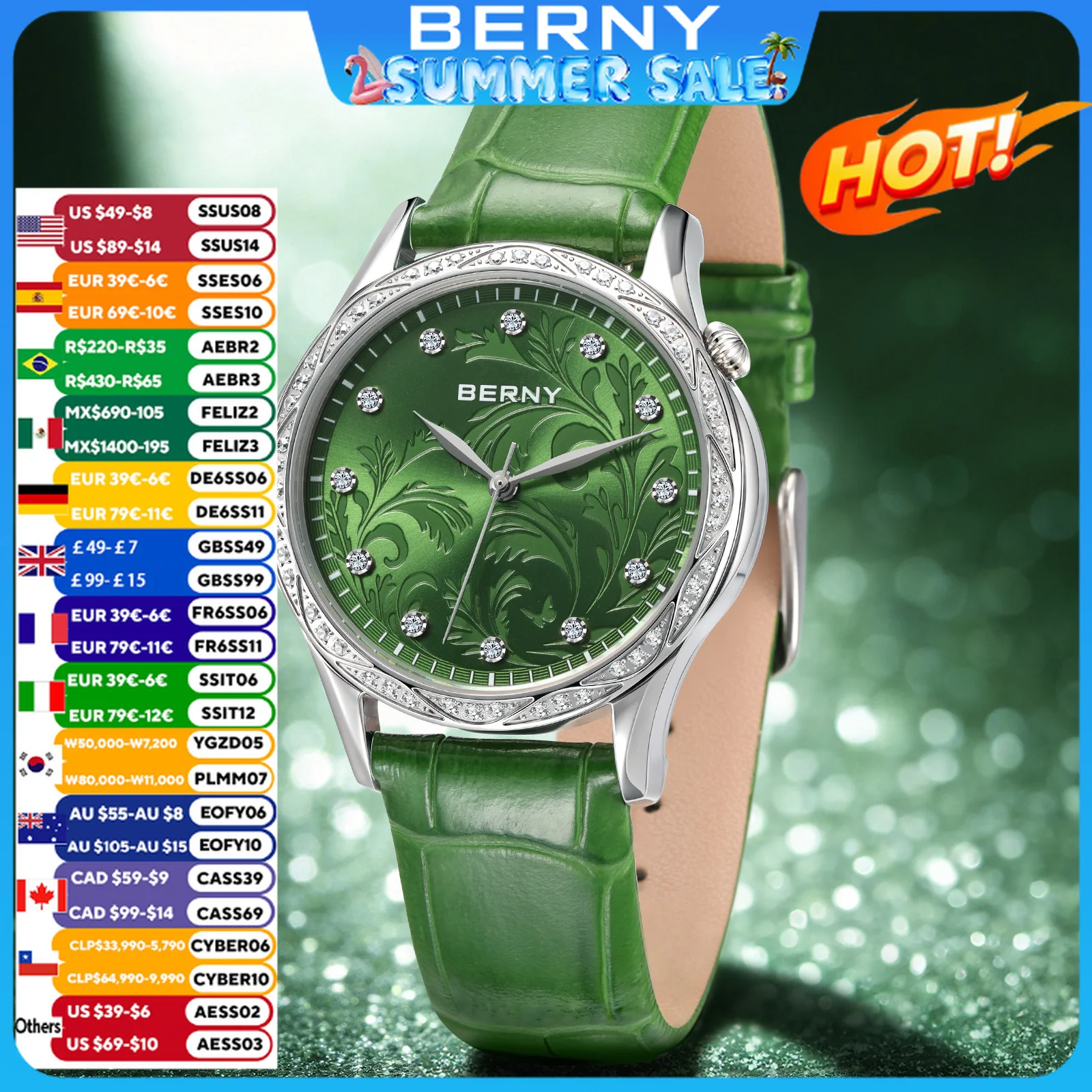 BERNY Womens Quartz Watch Green Petal Acanthus Dngraved Dial Diamond Gold Case Leather Strap Luxury Elegant Ladies WristwatcH