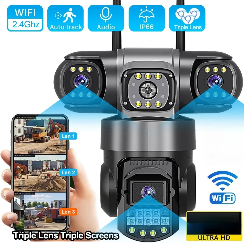 Telecamera IP WiFi V380 Pro per Esterni, 6MP 4K con Tre Obiettivi e Tre Schermi, Monitor di Sicurezza con Visione Notturna, Impermeabile, Telecamere CCTV