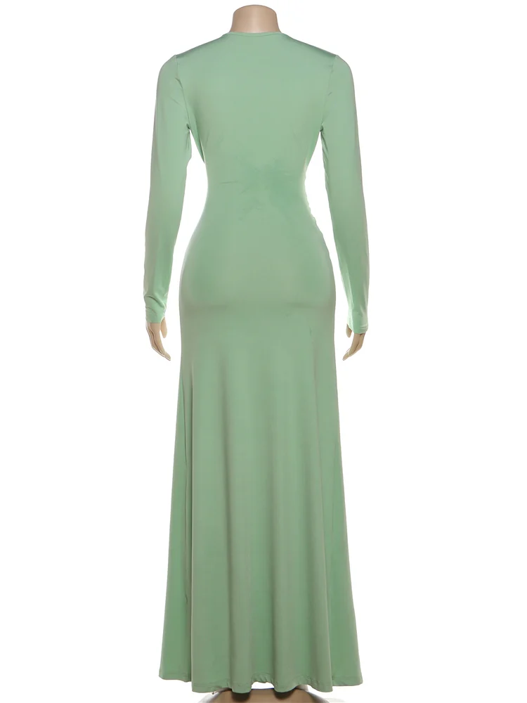 Kliou Elegant Ruched Long Dresses Woman Deep V-Neck Full Sleeve Kink Bandage High Waist Evening Prom Party Simple Basic Vestidos