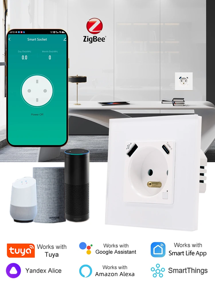 

French FA Zigbee Wall Socket Type-c USB socket Smart Outlet Energy Monitoring Timer Function Tuya Alice Smart Life Alexa 220V