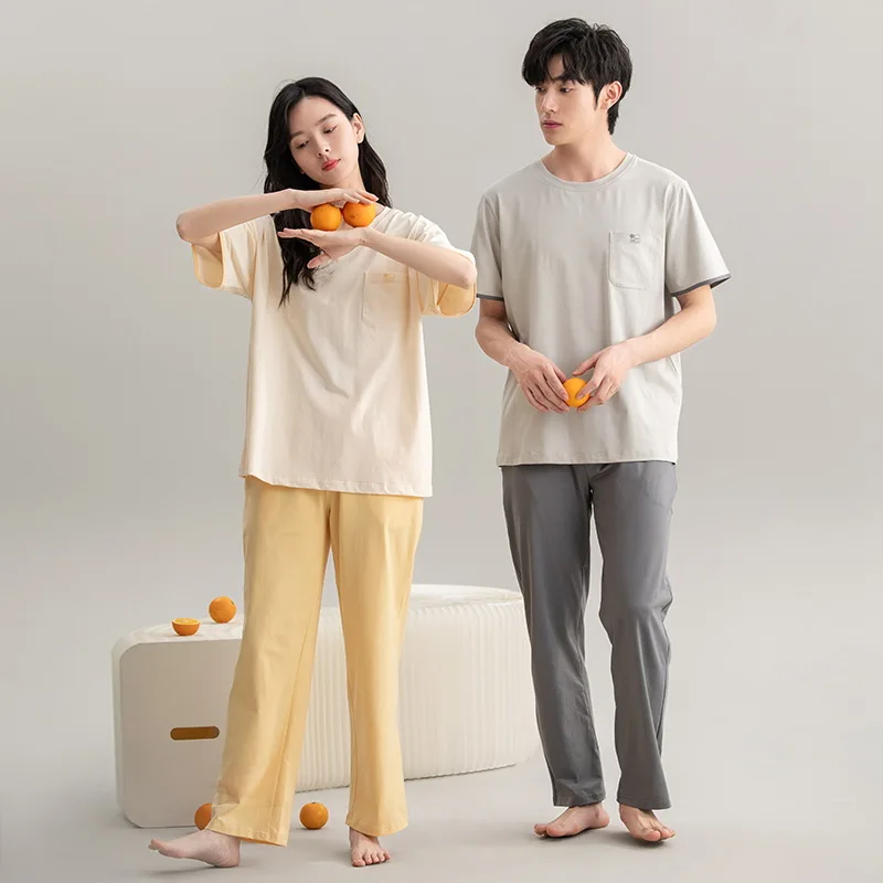 Ropa de dormir de algodón para hombres y mujeres, pantalones de manga corta con cuello redondo, traje de dormir Simple para parejas, Verano