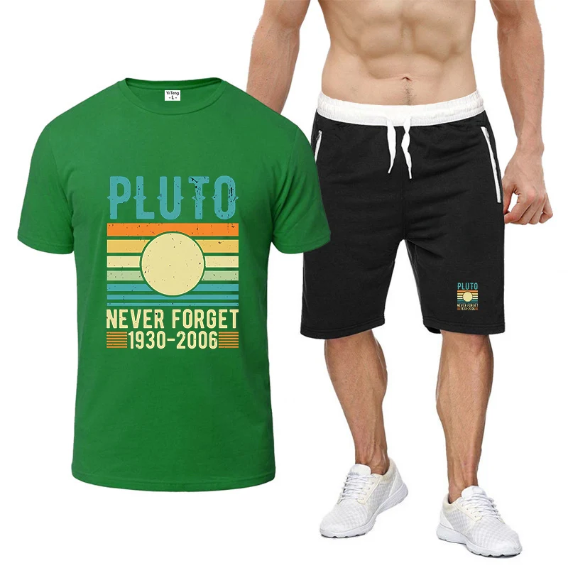 

Never Forget Pluto Retro Style 2025 Summer Men's New Eight-color Short-sleeved Set Casual T-shirt+Short Pants Sports Suit