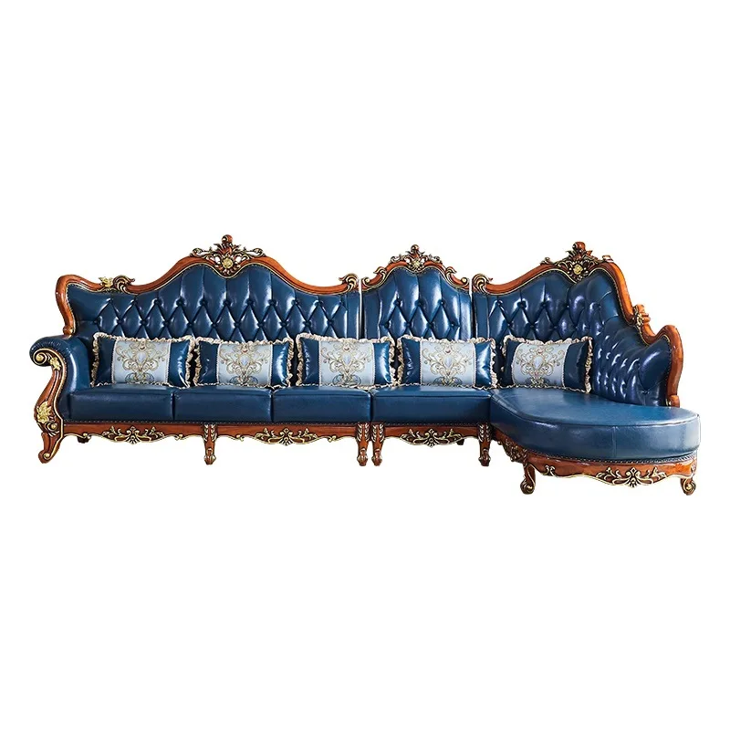 European style leather sofa combination living room small apartment American style all solid wood carved flower