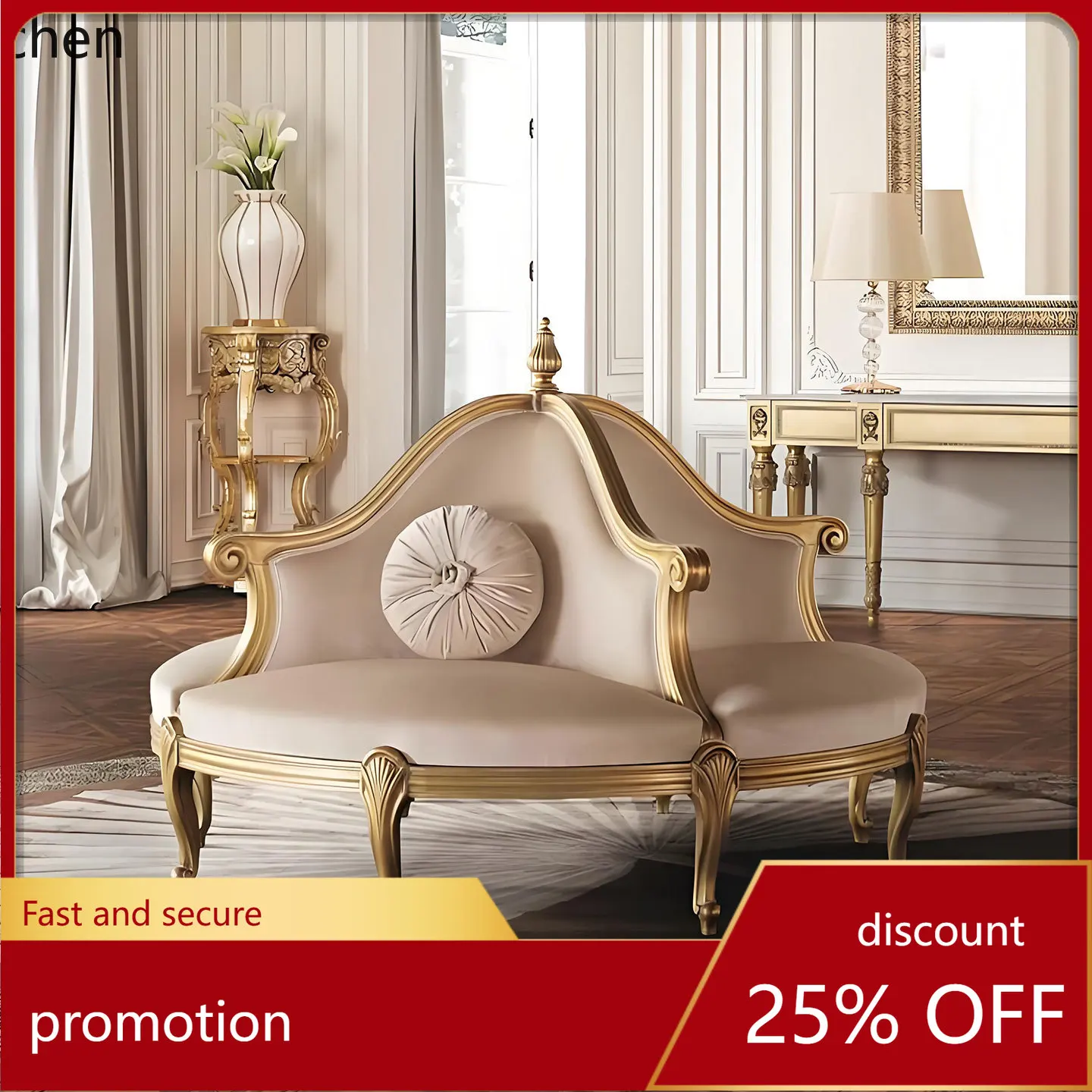 

H1 round solid wood double-sided sofa retro hotel clubhouse photo studio image carved gold-painted sofa
